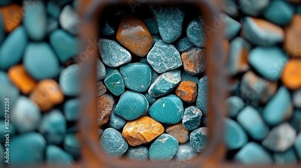 Obraz A close-up, macro view of smooth, rounded pebbles and rocks in vibrant teal and warm orange colors, framed by a blurred, rusty metal structure. The lighting cre