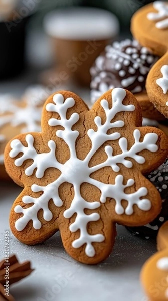 Obraz A close-up shot of a snowflake-shaped gingerbread cookie, intricately decorated with white icing, sits on a textured surface. Other cookies and festive elements