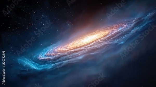 Fototapeta A vibrant spiral galaxy glows with a bright yellow core and swirling blue and orange nebulae against a dark background filled with distant stars.