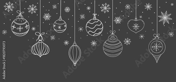 Fototapeta Christmas garland hanging balls, stars snowflakes sketch elements decorating for the Christmas and New Year chalk on blackboard. Design element, winter border, header 