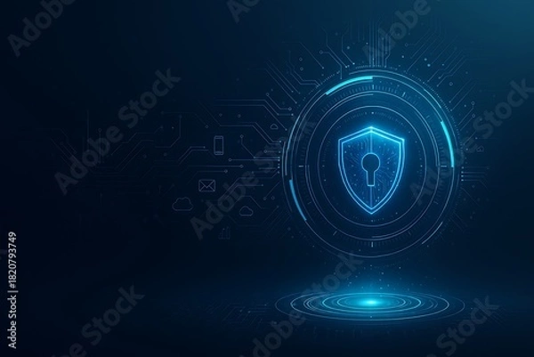 Fototapeta Glowing circular interface with shield and keyhole icon, concept of integrated cybersecurity protecting cloud, email and mobile devices
