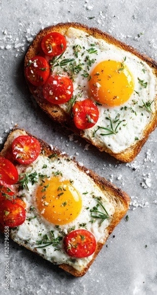 Obraz Egg toast w/ cherry tomatoes, herbs on gray backdrop