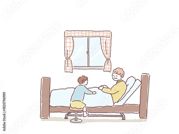 Obraz ベッドに寝るおばあさんのそばに座る小さい男の子
