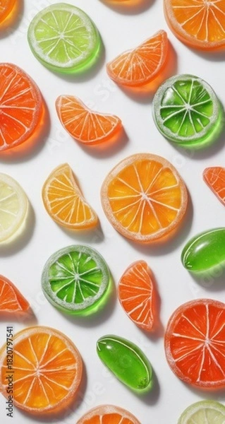 Obraz Citrus-slice-shaped candy on white. Light, bright & yummy