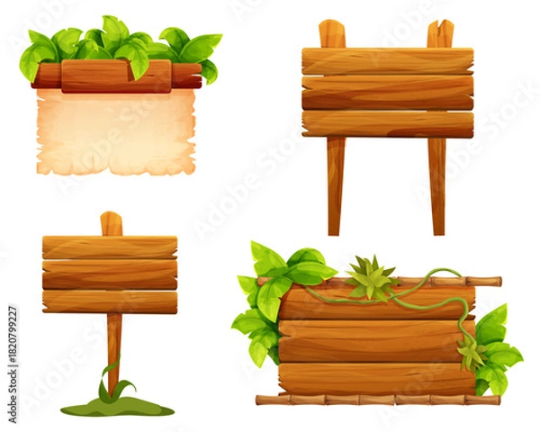 Fototapeta Wooden signpost set, empty board textured wood plank, parchment paper. Wood plank frames game signpost, farm garden or jungle pointing panel. Set menu ui design. Outdoor empty textured arrow