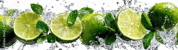 Obraz Limes and mint with water droplets on white background