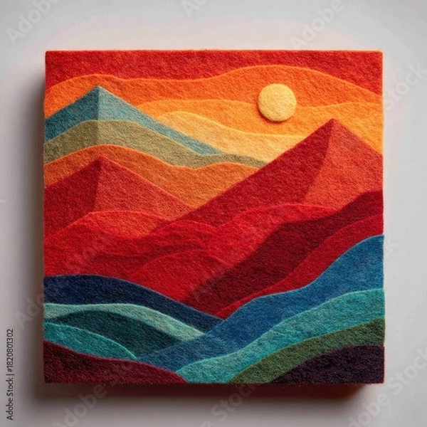 Obraz Felt layers form layered mountains, sun, in warm hues