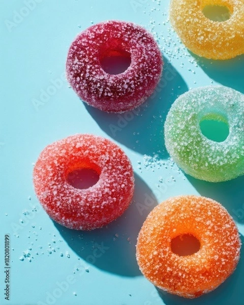 Obraz Colorful, sugared gummy rings on light blue backdrop