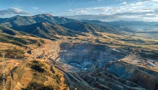 Obraz Massive open-pit mine amid mountains under cloudy sky