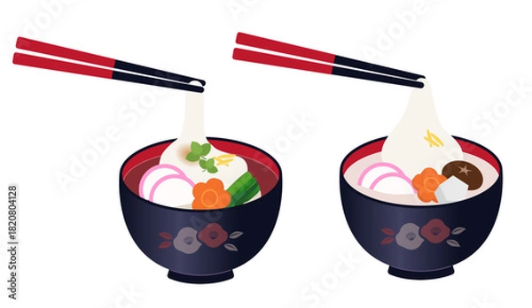 Obraz 日本のお正月料理/関東風・関西風のお雑煮の餅を掴んでいるイラストセット