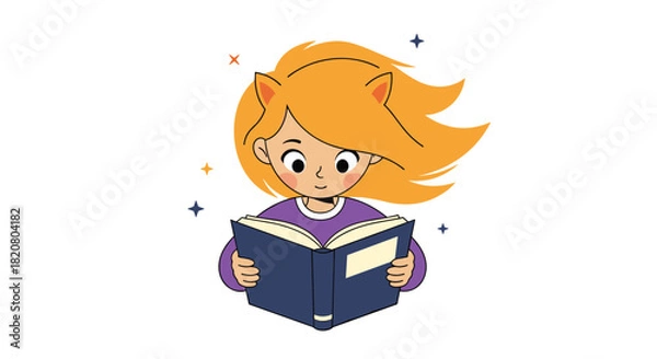 Obraz Adorable girl with whimsical cat ears happily reading an open book, symbolizing childhood wonder, imagination, and a love for reading.