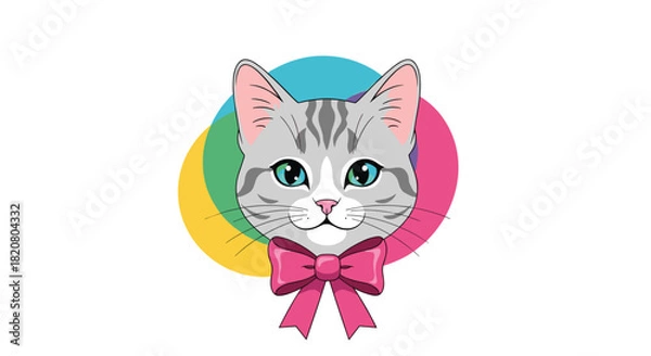 Obraz Charming gray cat face with bright blue eyes and a cute pink bow, set against a vibrant, colorful abstract background.