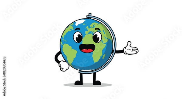 Obraz Cheerful cartoon globe mascot with a friendly smile and welcoming gesture, symbolizing global connection, education, and travel.