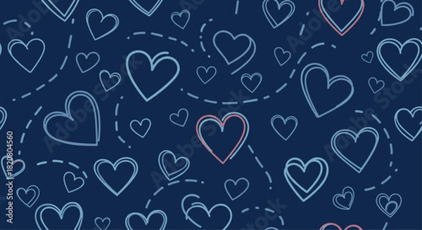 Obraz Charming seamless pattern featuring outlined hearts on a dark blue background, ideal for romantic and loving themes.