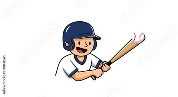 Obraz Happy cartoon boy enthusiastically playing baseball, swinging a bat at a ball, symbolizing sports, fun, and childhood activity.