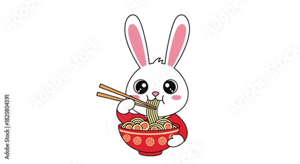 Obraz Adorable rabbit character happily eating a bowl of ramen noodles with chopsticks, showcasing a cute and cultural culinary experience.