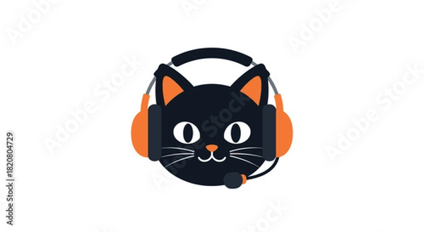 Obraz Cute black cat wearing a gaming headset with a microphone, representing online gaming, communication, and digital entertainment.