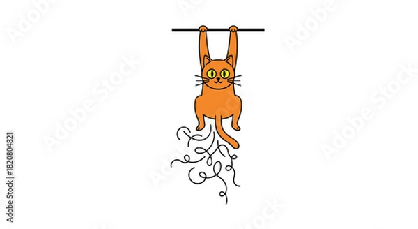 Obraz Humorous orange cat hanging from a bar and shedding lots of fur, comically depicting pet care and shedding season.