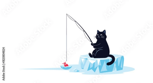 Obraz Playful black cat ice fishing on a block of ice, patiently waiting for a catch, symbolizing a unique winter hobby.