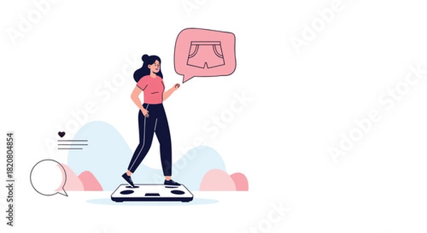 Obraz Woman standing on a weight scale and thinking about wearing shorts, symbolizing weight loss goals, fitness, and body image.
