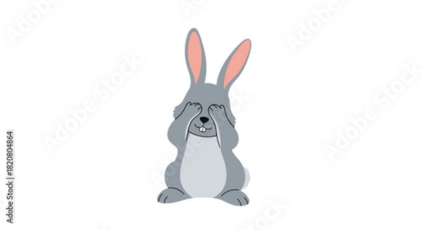 Obraz Adorable gray rabbit covering its eyes with its paws, playfully depicting shyness, peek-a-boo, or surprise.