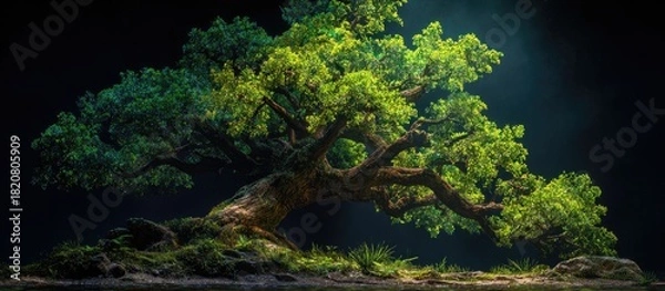 Obraz Lit tree, mossy base, dark backdrop