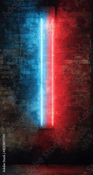 Obraz Glowing vertical light on brick; half red, half blue