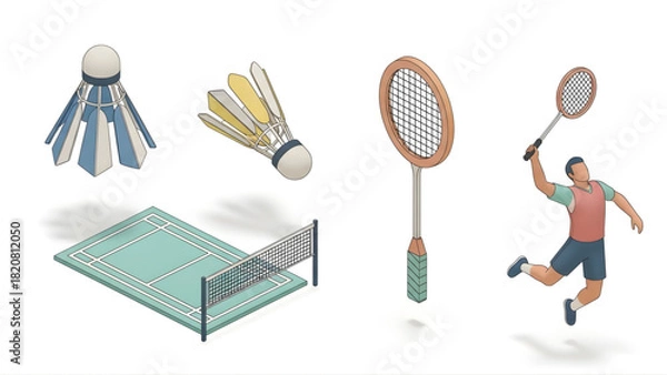 Obraz Badminton Set Isometric Illustration with Player, Rackets, Shuttlecocks, and Court