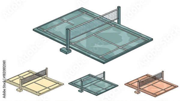Obraz Isometric Table Tennis Set Vector Illustration. Multiple color variations of a ping-pong court with net, ready for game design or sports-themed projects