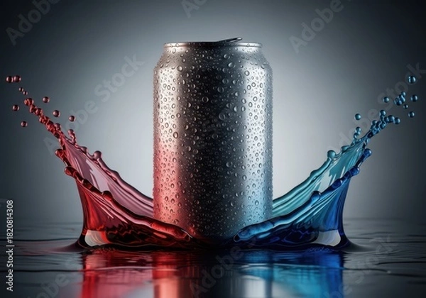 Fototapeta Refreshing energy drink can splashes with red and blue liquid droplets