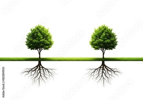 Obraz Two lush green trees connected by a single root system on a white background
