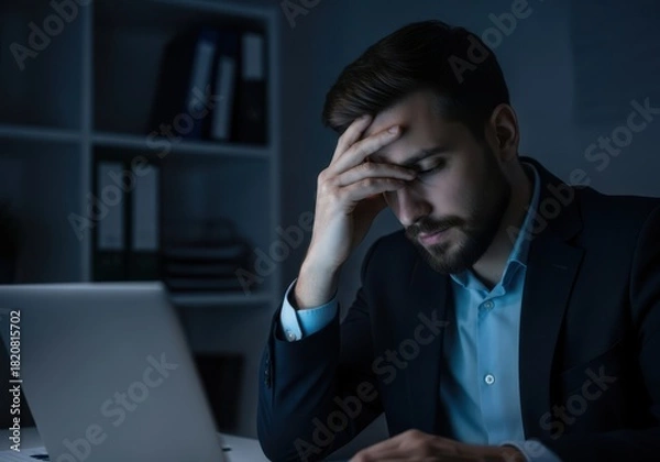 Fototapeta Stressed businessman working late at his desk with a laptop in a dimly lit office