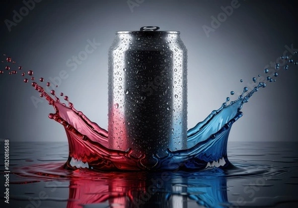 Obraz Refreshing beverage can with dynamic red and blue liquid splashes