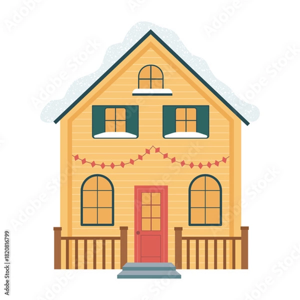 Fototapeta A cozy yellow house. Covered with snow. Decorated with garlands. Isolated on a white background.