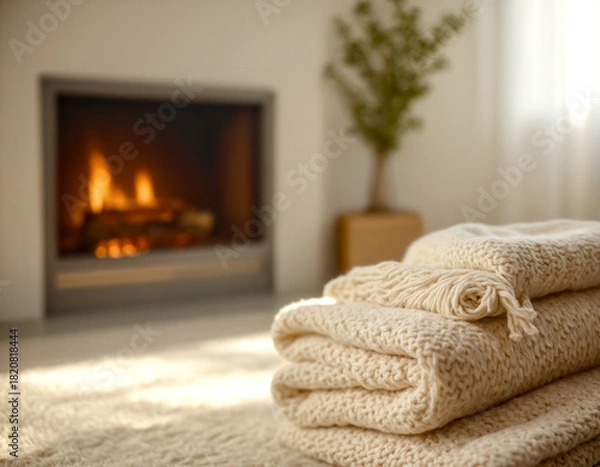 Fototapeta Cozy stack of beige knitted blankets with a warm fireplace in the blurred background. Winter home interior.
