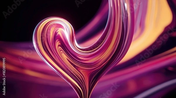 Obraz A close-up, abstract 3D render of a heart shape formed from swirling, liquid-like material in vibrant pink, purple, and gold hues, illuminated by soft, glowing