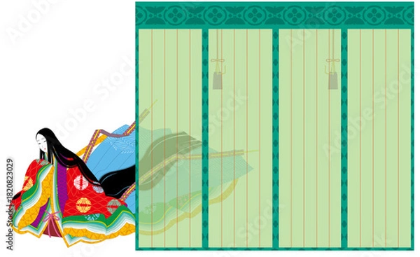 Obraz 日本の伝統的な着物の正装の十二単衣の衣装。御簾の後ろの女性。