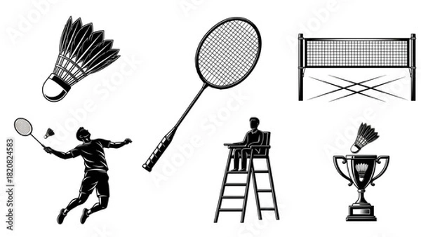 Obraz Set of badminton icons representing the sport, including shuttlecock, racquet, net, player, umpire, and trophy