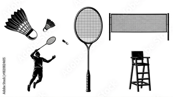 Obraz Dynamic set of badminton sport elements showcasing an athlete in action, racket, shuttlecocks, net, and an umpire's chair, all rendered in crisp vector illustrations
