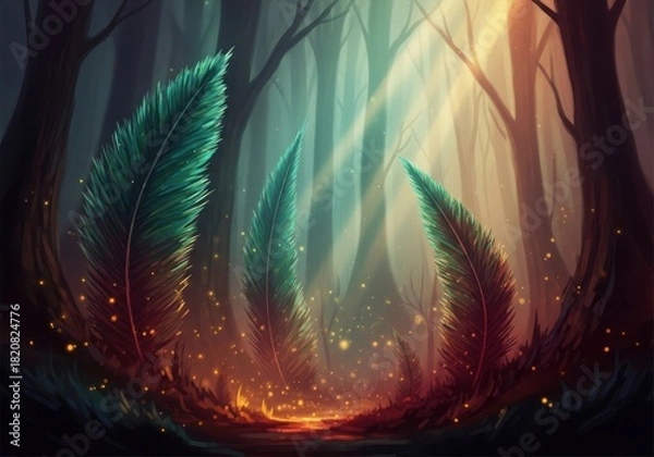 Fototapeta Mystical forest clearing bathed in ethereal light and glowing embers