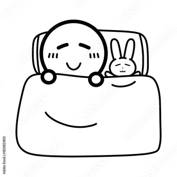 Obraz ぬいぐるみと一緒に寝る人物　イラスト