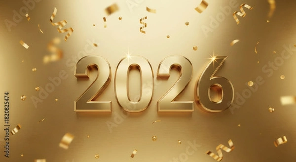 Fototapeta Golden numbers representing the year 2026, surrounded by festive confetti and streamers on a vibrant gold background, symbolizing celebration and new beginnings