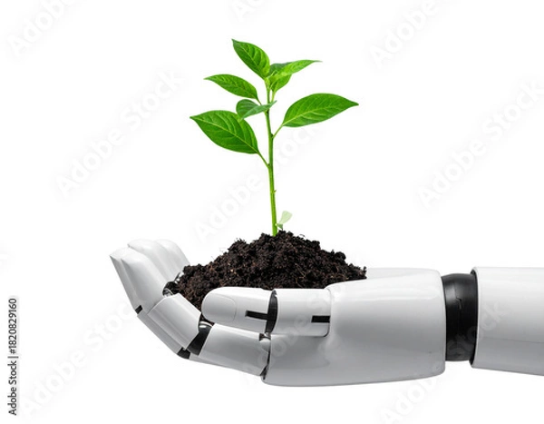 Fototapeta Robot hand holding a young plant against isolated free png background. Sustainable development in the field of agriculture and artificial intelligence