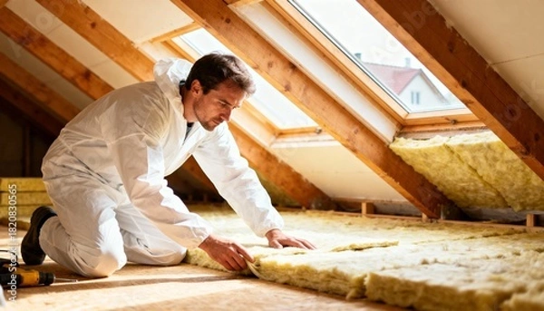Obraz  Worker installing thermal insulation in an attic space.