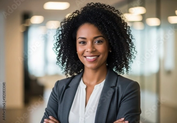 Obraz Confident professional woman with curly hair smiling in a business setting