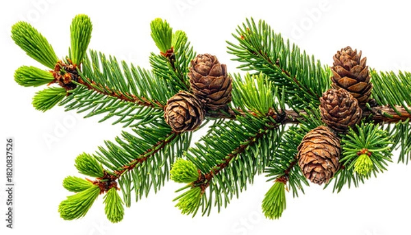 Fototapeta Sprig of evergreen needles and small brown pine cones against a black backdrop