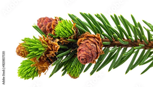 Fototapeta Close-up view of a fir branch with brown and green cones against black