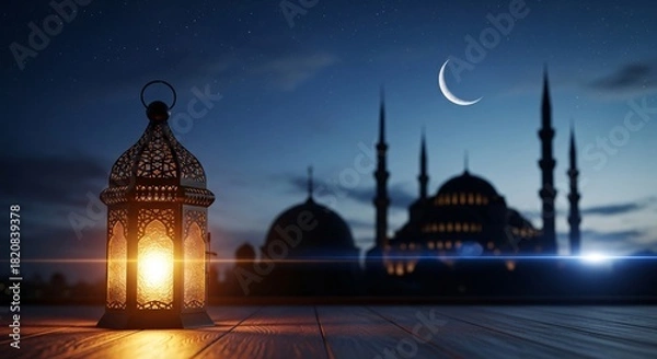 Obraz Beautiful traditional Arabic lantern glowing with mosque silhouette, crescent moon, and stars during Ramadan night