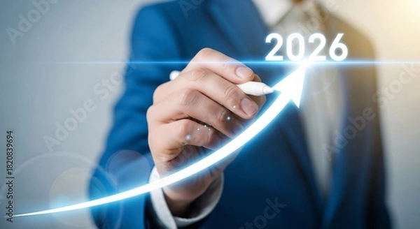 Obraz Businessman's hand drawing glowing upward arrow with 2026, symbolizing future business growth and success goals