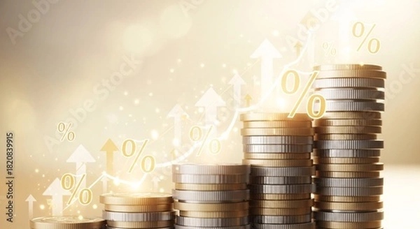 Obraz Golden coins stacked high representing increasing interest rates, investment growth, and economic prosperity